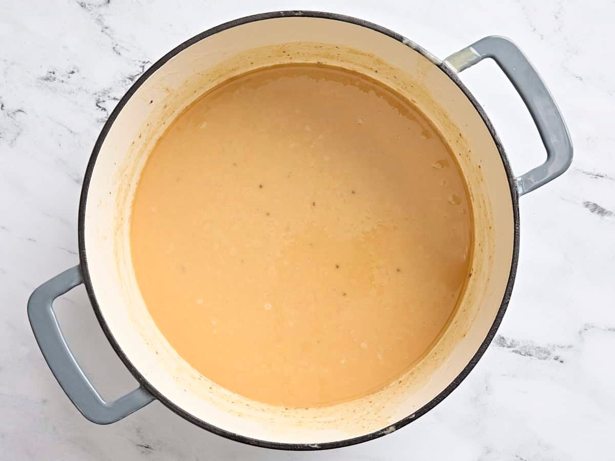 A light brown roux in a pot.