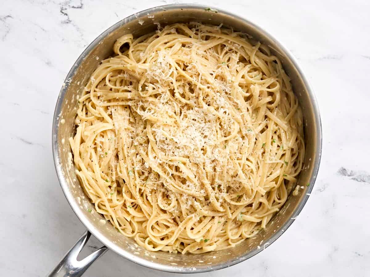Traditional Fettuccine alfredo in a skillet.