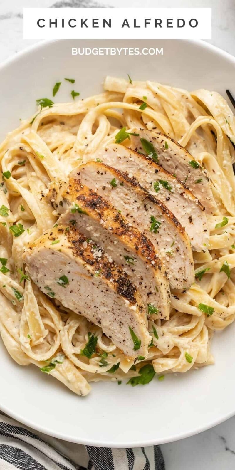 Close up overhead view of a bowl full of chicken alfredo.