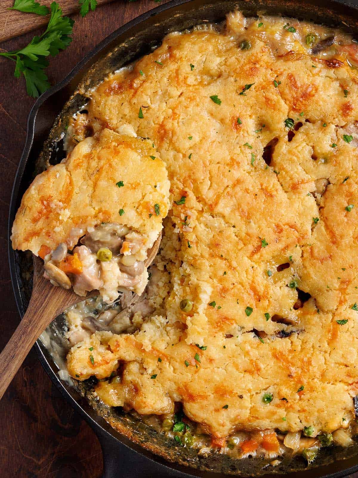 Overhead view of a homemade chicken cobbler with a spoon taking some.