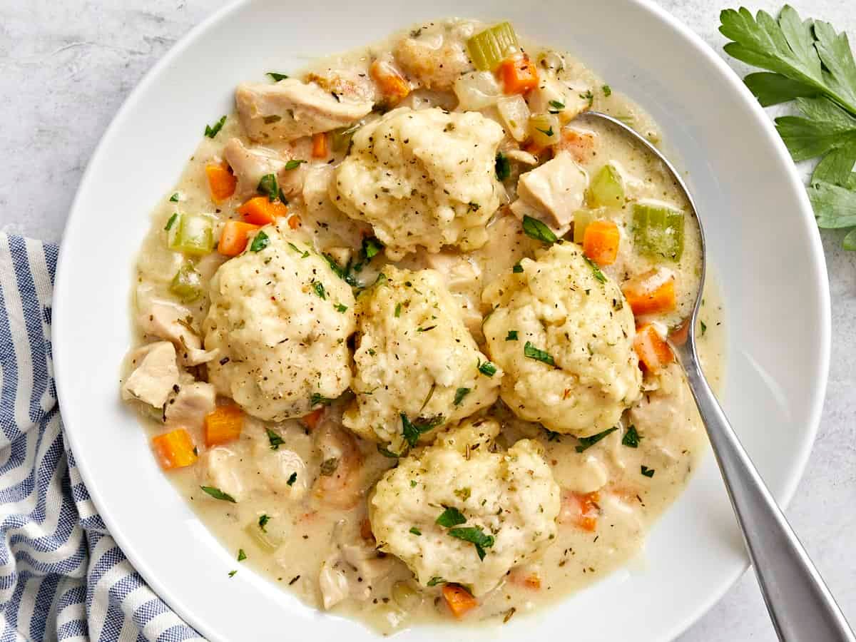 Overhead view of a bowl full of chicken and dumplings with a spoon in the side.
