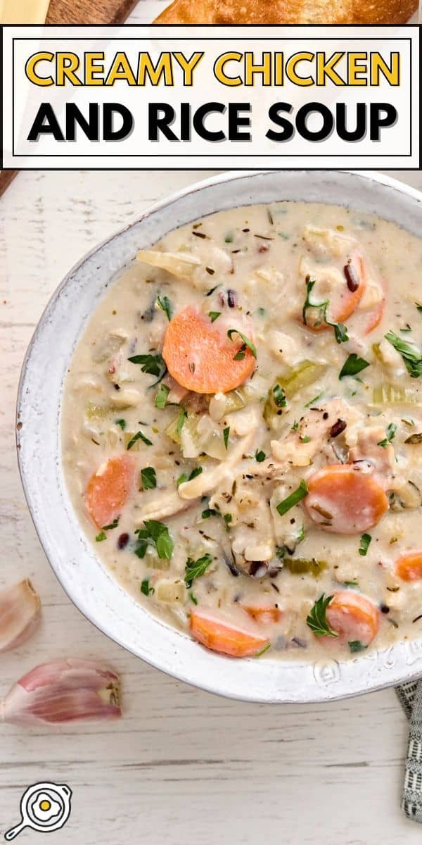 creamy chicken and rice soup pin image