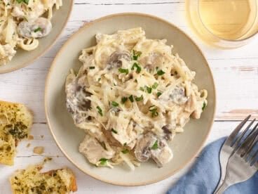 Overhead view of crockpot chicken tetrazzini on a plate.