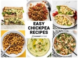 Collage of 6 different easy chickpea recipes with title text in the center.
