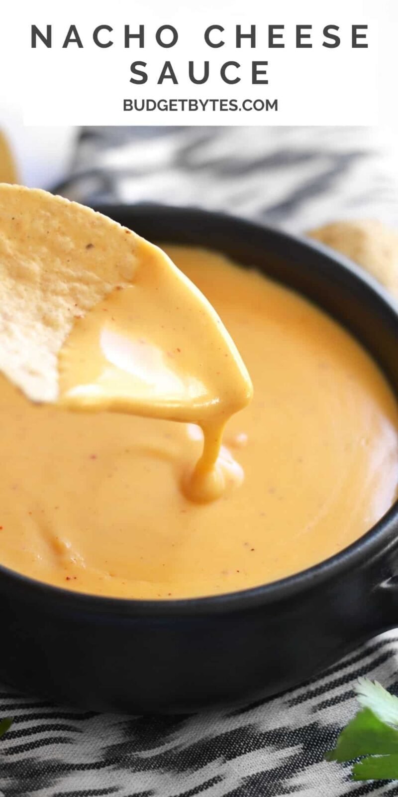 cheese sauce dripping off a chip into a bowl