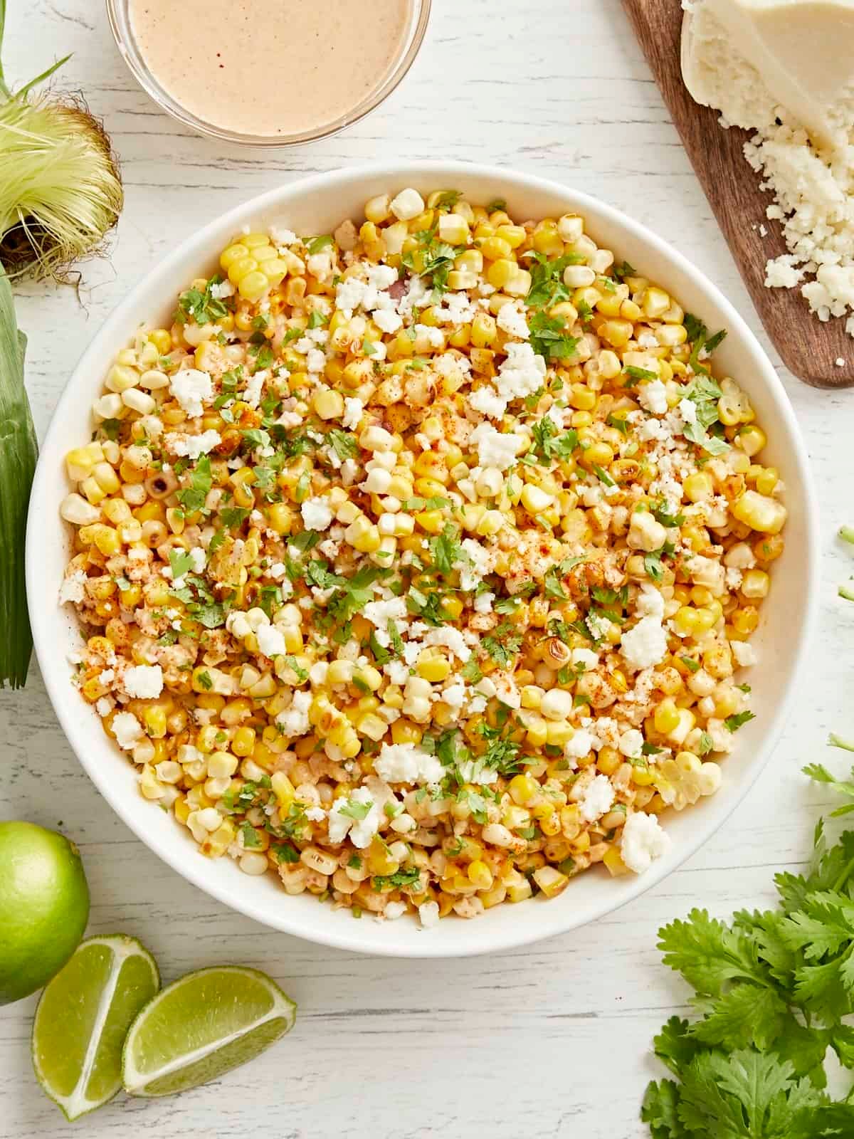 Mexican street corn salad in a bowl.